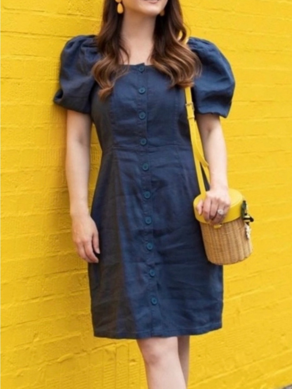 Rachel Parcell Square Neck Button Front Puff Sleeve Linen‎ Dress Dark Blue XS